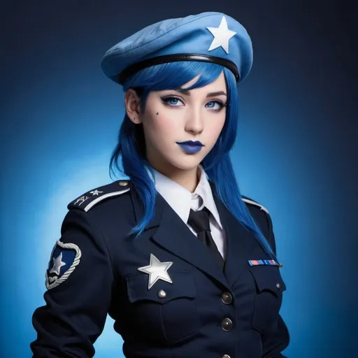 Prompt: 2010s, Tifa Lockhart as a female officer wearing a blue beret, blue lipstick, blue makeup including blue eyeshadow and blue blush, blue hair, blue eyebrows, blue eyes, colourised, blue uniform beret, full body shot, photography, blue hearts and stars soft smile.