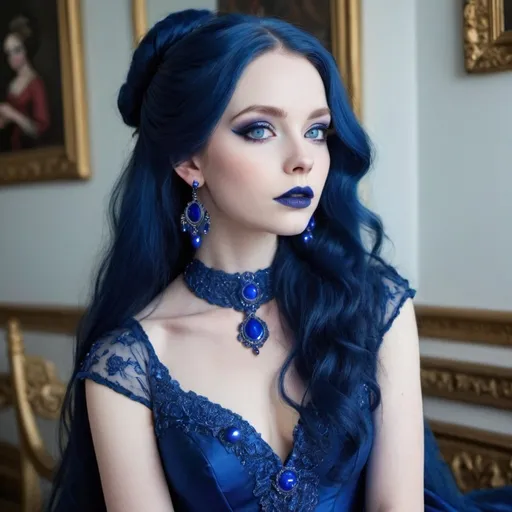 Prompt: Light pale skin, Vibrant dark-blue eyes, very Long blue hair, blue lipstick, blue eyeshadow, blue makeup, blue earrings, dark blue ball gown
