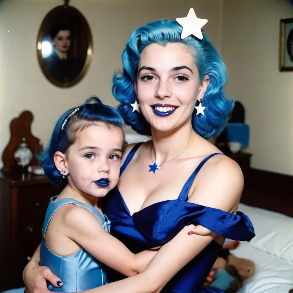 Prompt: 1950s, 23 year old white woman, mother, in bedroom, blue lipstick, blue hair, Puffy face, slight smile, long ice nails, Heart earrings, dark blue gown, blue Star Patch,  holding daughter in mini dress