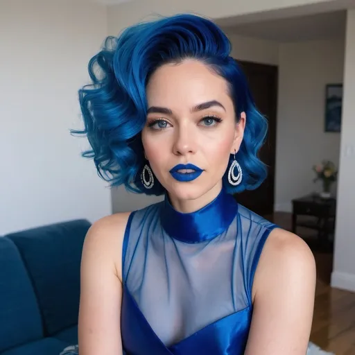 Prompt: 30 year old woman, mother, in living room, blue lipstick, blue hair, Puffy face, long ice nails, blue Spiral earrings, dark blue plastic dress, blue Star Patch.  