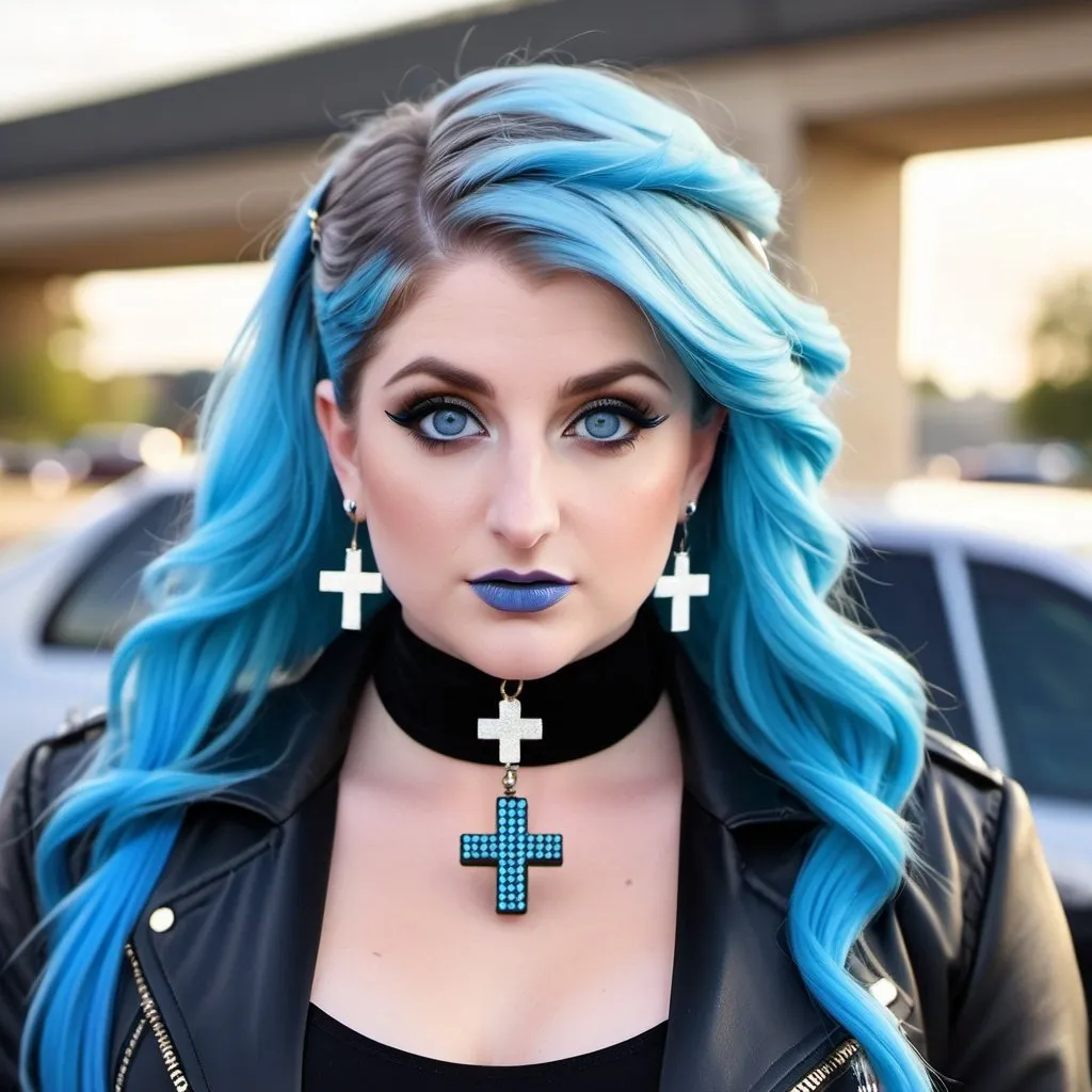 Prompt: Meghan Trainor, black choker, blue eyes, blue hair, blurry, blurry background, building, car, choker, cross, cross earrings, depth of field, earrings, eyeshadow, ground vehicle, jacket, jewelry, k/da \(league of legends\), lips, blue lipstick, long hair, looking at viewer, makeup, motor vehicle, photo \(medium\), piercing, solo, star \(symbol\), star earrings, star print