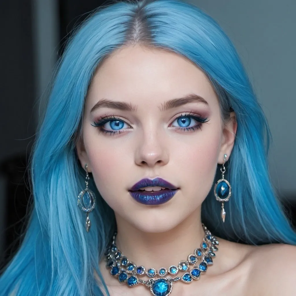 Prompt: 1girl, blue eyes, blue lips, blue skin,  colored skin, eyeshadow, jewelry, lips, lipstick, long hair, makeup, necklace, nose, solo, teeth