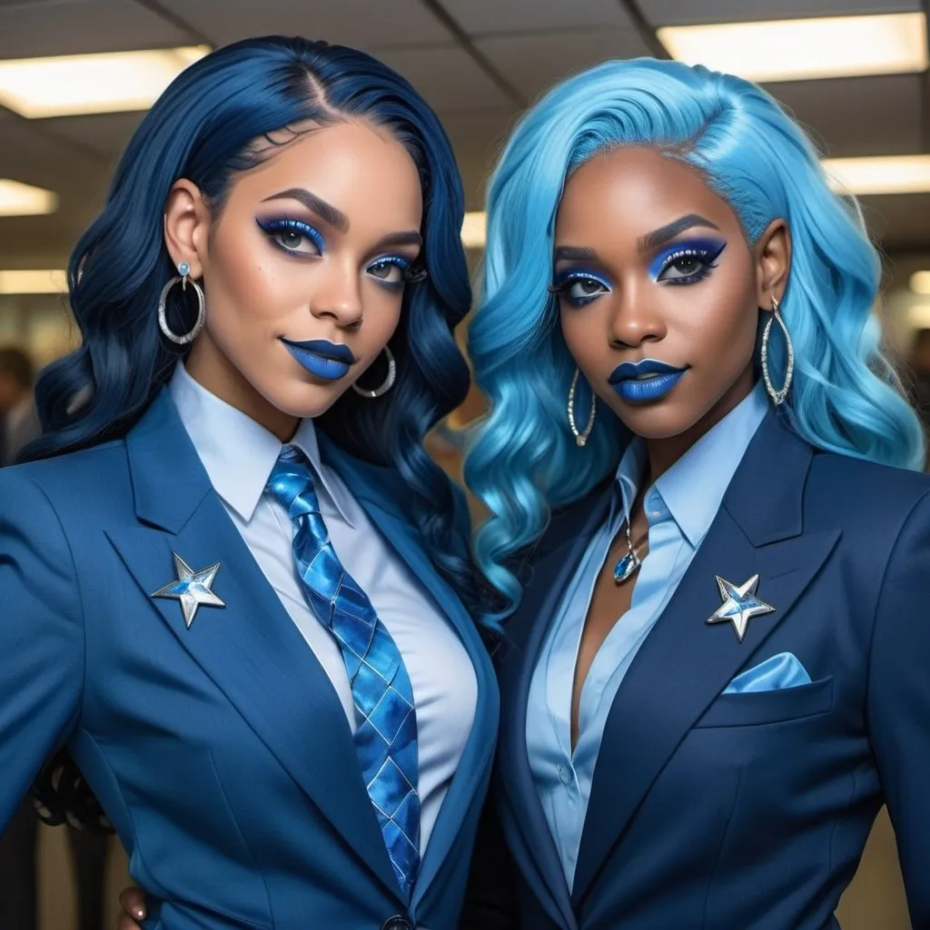 Prompt: a picture of 2 black women with long blue hair, posing together large blue eyes wearing blue suits, blue eyeshadow, and blue lipstick, smirks, blue makeup, blue jewelry on hands, Artgerm, fantasy art, realistic shaded perfect blue face, a detailed painting, modern newsroom background, 30 years old, blue star badge on their suits, blue diamond earrings.