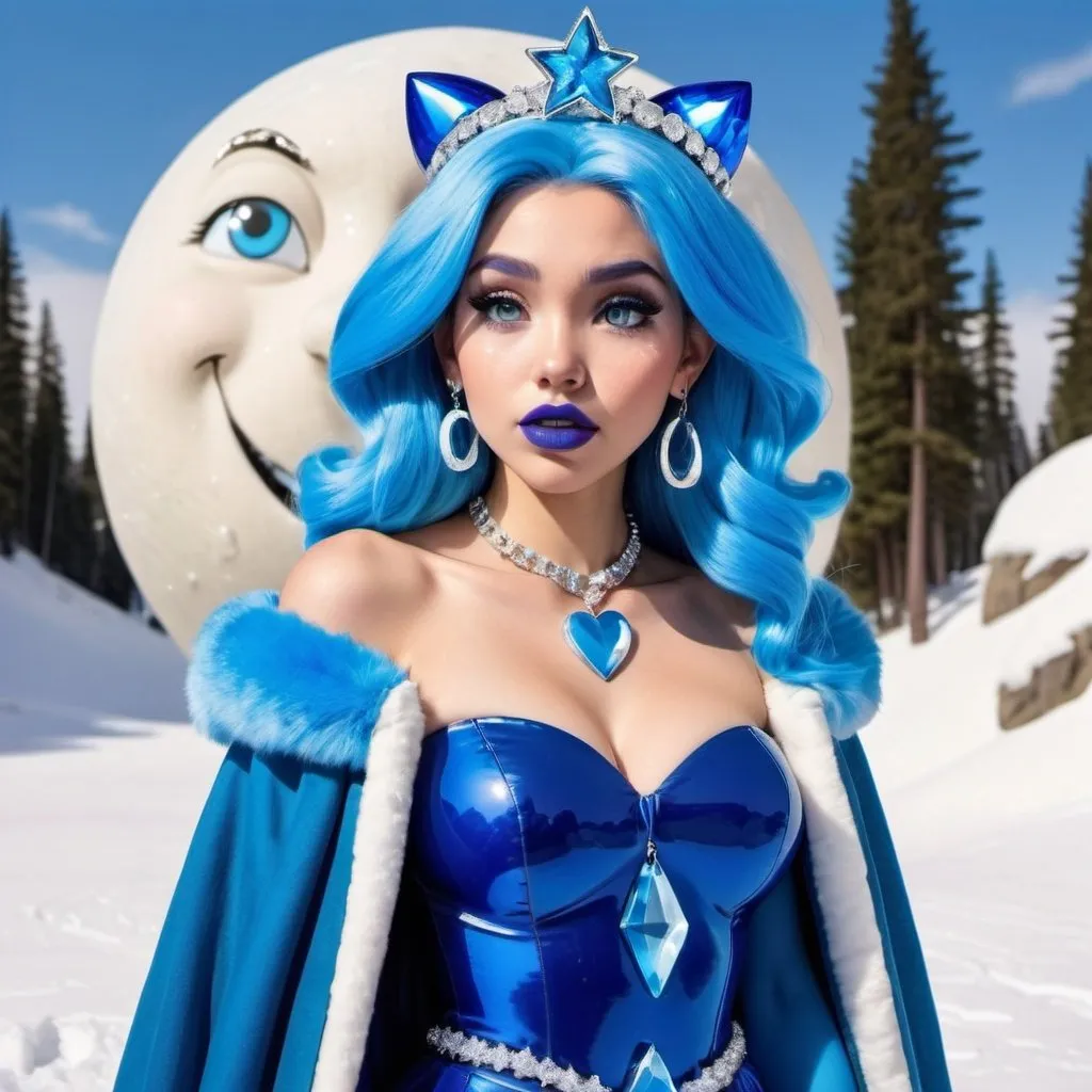 Prompt: kim possible, Heavy snow, Giant Blue Orb in Sky, Long Straight Blue hair, Ice crystal tiara, Thick bushy blue eyebrows, medium sized nose, plump diamond shape face,  Blue lipstick, ethereal blue eyes, Triangle Star earrings, soft ears, Large blue plastic chain around neck, Blue heart necklaces, blue candy shaped rings, Large blue fur coat with blue plastic gloves. Long Blue Skirt with moons.