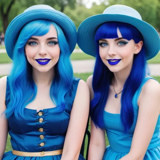 Prompt: 2  10 year old girls at a park, blue hair, blue lipstick, blue eyes, blue makeup, blue clothes, blue flower hats. Happy face.
