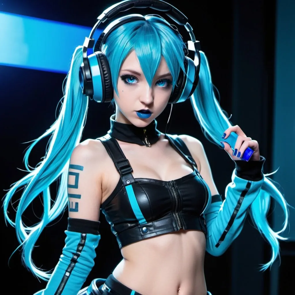 Prompt: Cyber goth hatsune miku, electronic dance, full body view, blue lipstick, blue eyes, blue eyeshadow, blue crop top, blue jacket, blue nails, blue hair, blue headphones, blue microphone, blue speakers, blue lights shining, media studio with cameras pointed at her, full lips, Checkmark on her crop top