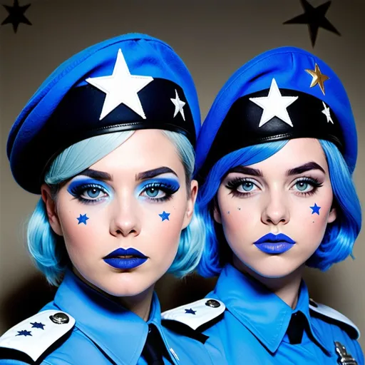 Prompt: 2010s,  two female officers wearing a blue beret, blue lipstick, blue makeup including blue eyeshadow and blue blush, blue hair, blue eyebrows, blue eyes, colourised, blue uniform beret, full body shot, photography, blue hearts and stars serious faces.