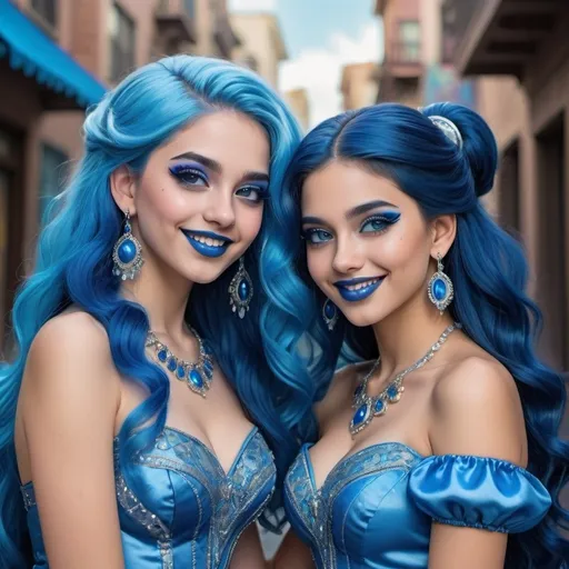 Prompt: a picture of 2 hispanic women with long blue hair, posing together large blue eyes wearing blue ball gowns, blue eyeshadow, and blue lipstick smiling at the camera, blue makeup, jewerly on hands, Artgerm, fantasy art, realistic shaded perfect blue face, a detailed painting, propaganda city background, 18 years old, blue lipstick 