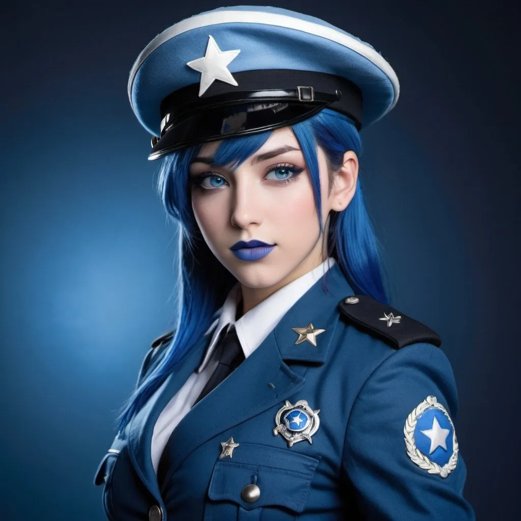 Prompt: 2010s, Tifa Lockhart as a female officer wearing a blue beret, blue lipstick, blue makeup including blue eyeshadow and blue blush, blue hair, blue eyebrows, blue eyes, colourised, blue uniform beret, full body shot, photography, blue hearts and stars soft smile.