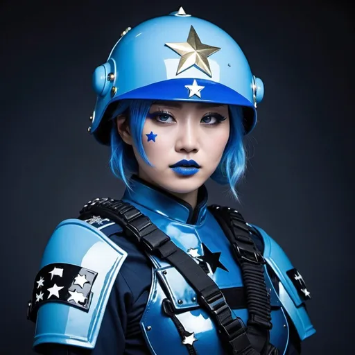 Prompt: 2010s, Chinese female officer wearing a blue riot helmet, blue lipstick, blue makeup including blue eyeshadow and blue blush, blue hair, blue eyebrows, blue eyes, colourised, blue riot gear, full body shot, photography, blue hearts and stars, sad.