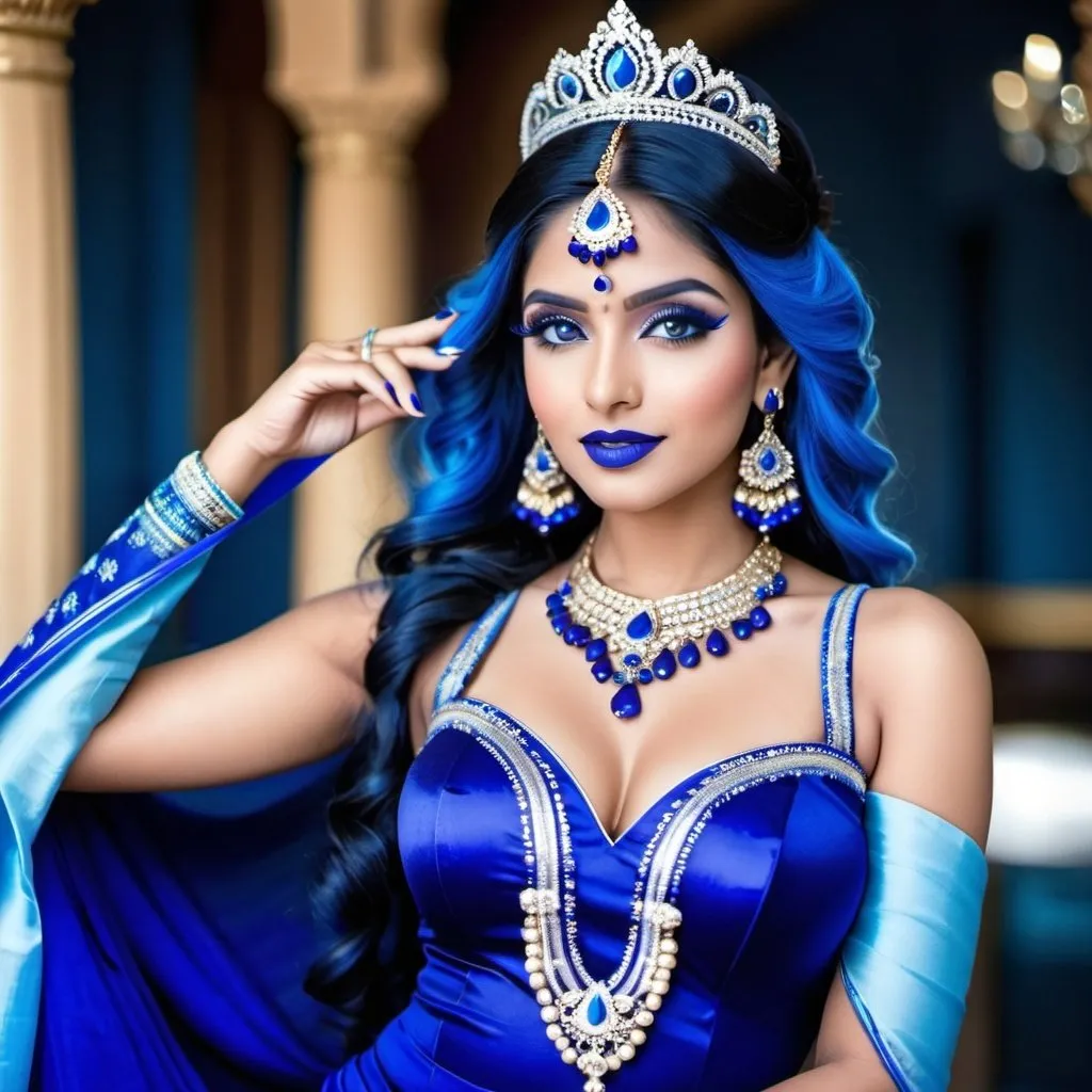 Prompt:  2 Indian women, blue makeup, blue lipstick, blue eyes, blue hair, blue eyebrows, blue blush, blue silk pattern dress, blue tiaras, blue earrings, long dark blue skirt, blue finger nails. Photograph, realistic, any facial expression, full body