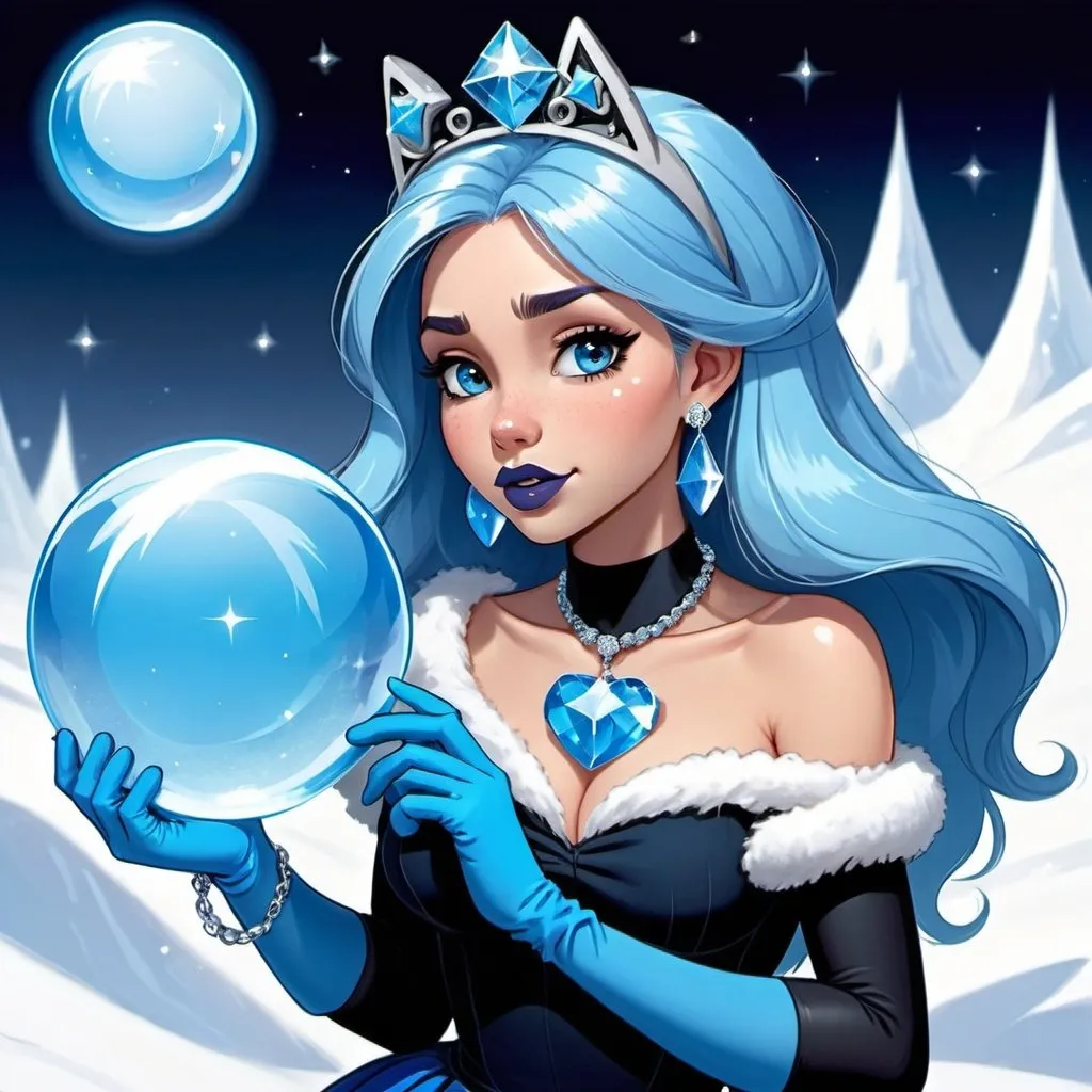 Prompt: kim possible, Heavy snow, Giant Blue Orb in Sky, Long Straight Blue hair, Ice crystal tiara, Thick bushy blue eyebrows, medium sized nose, plump diamond shape face,  Blue lipstick, ethereal blue eyes, Triangle Star earrings, soft ears, Large blue plastic chain around neck, Blue heart necklaces, blue candy shaped rings, Large blue fur coat with blue plastic gloves. Long Blue Skirt with moons.