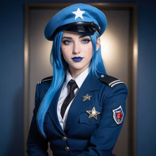 Prompt: 2010s, Tifa Lockhart as a female officer wearing a blue beret, blue lipstick, blue makeup including blue eyeshadow and blue blush, blue hair, blue eyebrows, blue eyes, colourised, blue uniform beret, full body shot, photography, blue hearts and stars soft smile.
