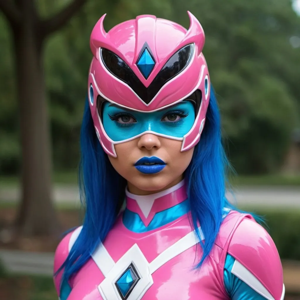 Prompt: Pink power ranger bimbo hypnotic  blue lips 