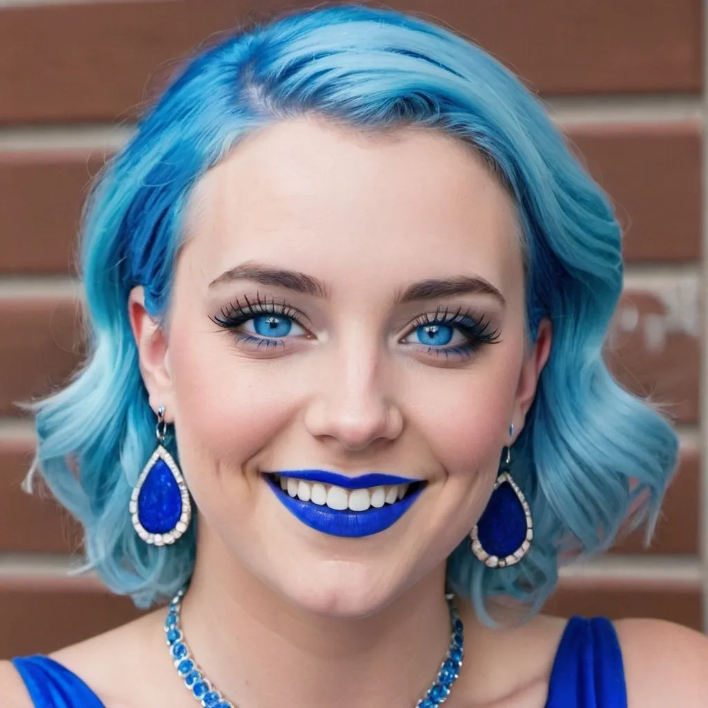 Prompt: Carley Shimkus with blue earrings, blue eyes, blue hair,  blue lipstick, blue dress, blue makeup, blue eyeshadow. smile



