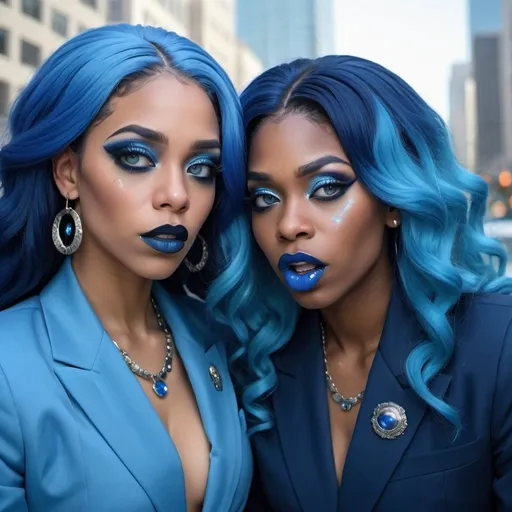 Prompt: a picture of 2 black women with long blue hair, posing together large blue eyes wearing blue suits, blue eyeshadow, and blue lipstick coughing at the camera, blue makeup, jewerly on hands, Artgerm, fantasy art, realistic shaded perfect blue face, a detailed painting, propaganda city background, 30 years old, blue lipstick 