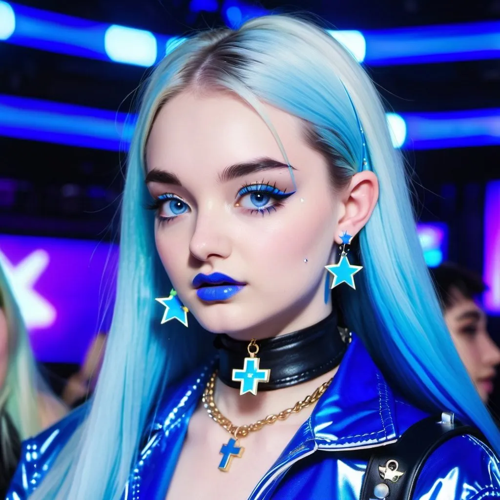 Prompt: Kim Petras, blue choker, blue eyes, blue hair, blurry, blurry background, disco, party, choker, cross, blue cross earrings, depth of concert hall, blue heart earrings, blue eyeshadow, blue lights, jacket, jewelry, k/da \(league of legends\), lips, blue lipstick, long blue hair, looking at viewer, makeup, tv screens, photo \(medium\), piercing, solo, star \(symbol\), blue star earrings, star print