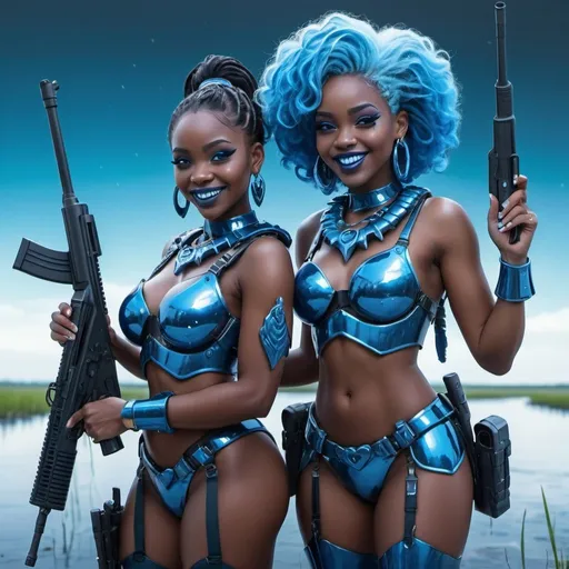 Prompt: Two black women holding a m-4 rifle, blue lipstick, flooded marsh, blue heart necklaces, Thick blue soldier armor, smile face, blue spiral eyes, blue eyeshadow, long ice earrings. Cold color scheme, ultradetailed, 8k resolution, perfect, smooth, high quality, shiny. 