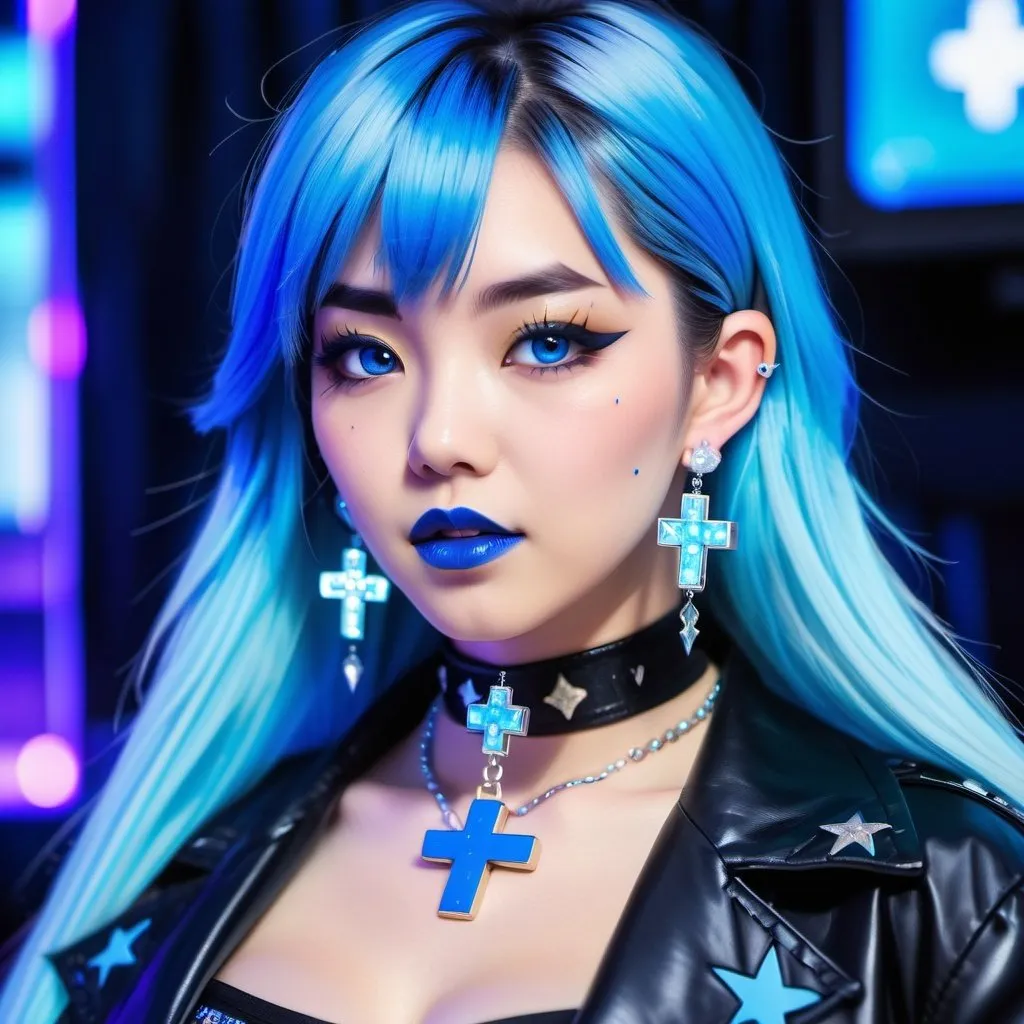 Prompt: 2020s, Japanese women, blue choker, blue eyes, blue hair, blurry, blurry background, disco, party, choker, cross, blue cross earrings, depth of concert hall, blue heart earrings, blue eyeshadow, blue lights, jacket, jewelry, k/da \(league of legends\), lips, blue lipstick, long blue hair, looking at viewer, makeup, tv screens, photo \(medium\), piercing, solo, star \(symbol\), blue star earrings, star print, bigbreast