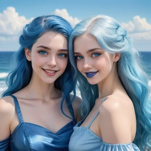 Prompt: a picture of 2 women with long blue hair and the other with soft sky blue hair, posing together large blue eyes wearing blue dresses, blue eyeshadow, and blue lipstick smiling at the camera, Artgerm, fantasy art, realistic shaded perfect blue face, a detailed painting, icy sea background, 18 years old, blue lipstick 