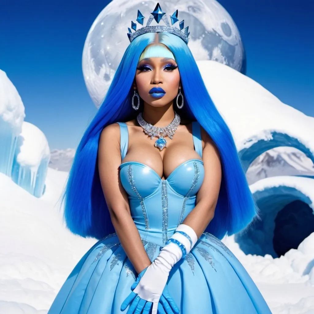 Prompt: Nicki minaj, Heavy snow, Giant Blue Orb in Sky, Long Straight Blue hair, Ice crystal tiara, Thick bushy blue eyebrows, medium sized nose, plump diamond shape face,  Blue lipstick, ethereal blue eyes, Triangle Star earrings, soft ears, Large blue plastic chain around neck, Blue heart necklaces, blue candy shaped rings, Large blue fur coat with blue plastic gloves. Long Blue Skirt with moons.