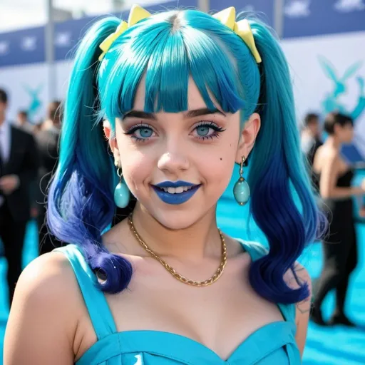 Prompt: Melanie Martinez with blue mullet, blue eyes, flowing blue hair, smiling lips with blue lipstick, blue dress, blue makeup, blue eyeshadow. Walking the blue carpet with hatsune miku. 



