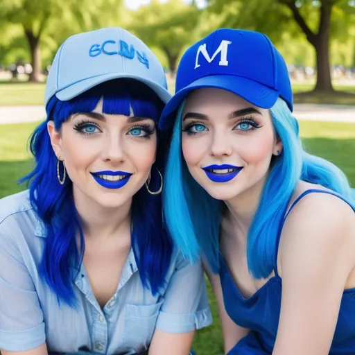 Prompt: 2 Women at a park, blue hair, blue lipstick, blue eyes, blue makeup, blue clothes, blue hats. Happy face.