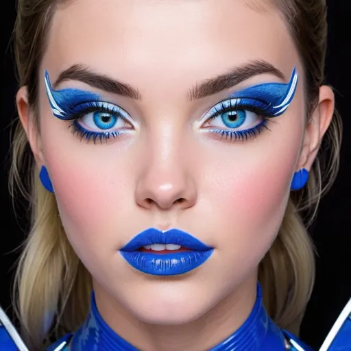 Prompt: blue power ranger bimbo hypnotic  blue lips, blue eyes, blue eyeshadow.