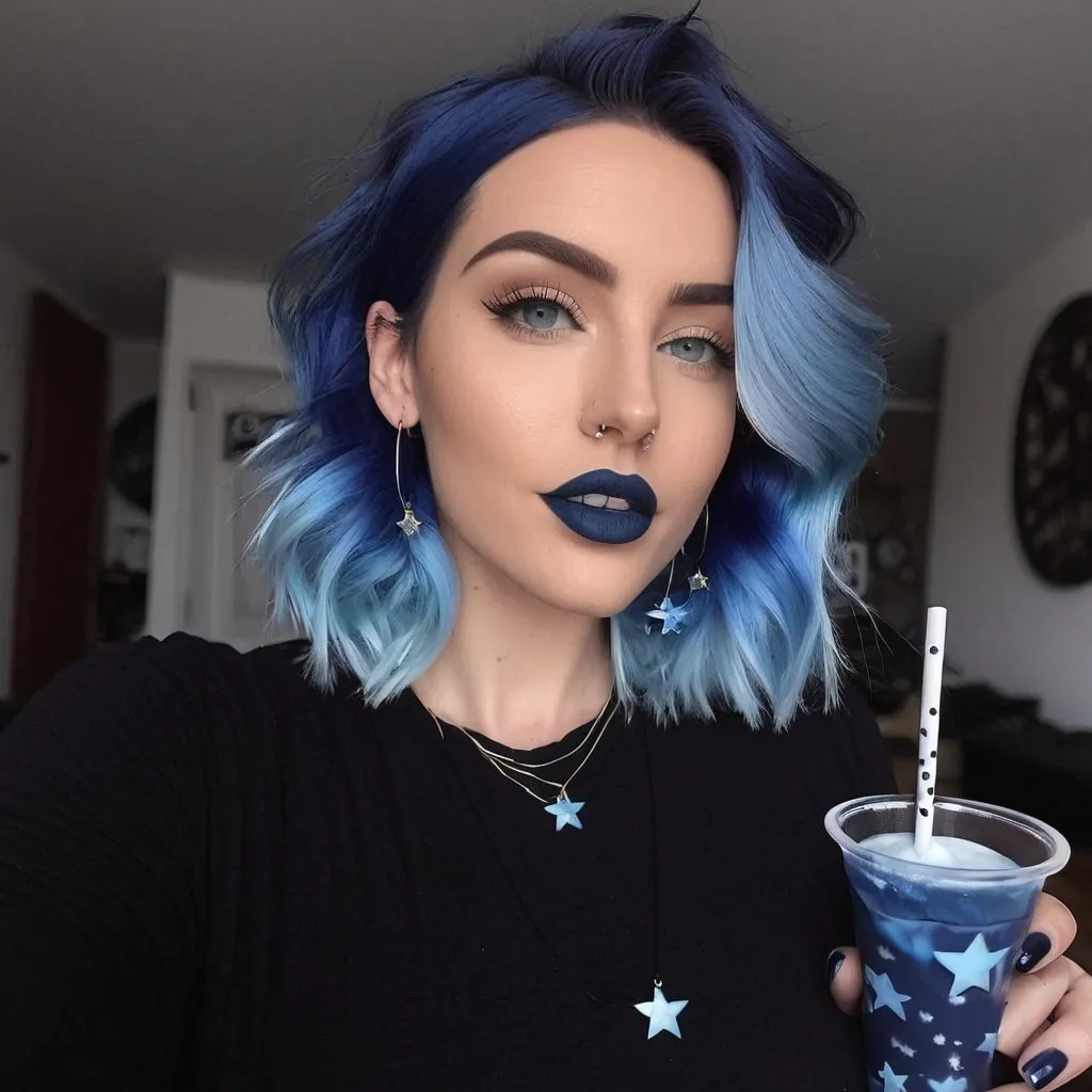 Prompt: 30 year old woman, mother, in living room, blue lipstick, blue hair, Puffy face, long ice nails, Spiral earrings, dark blue plastic dress, blue Star Patch, glowing spoon.  