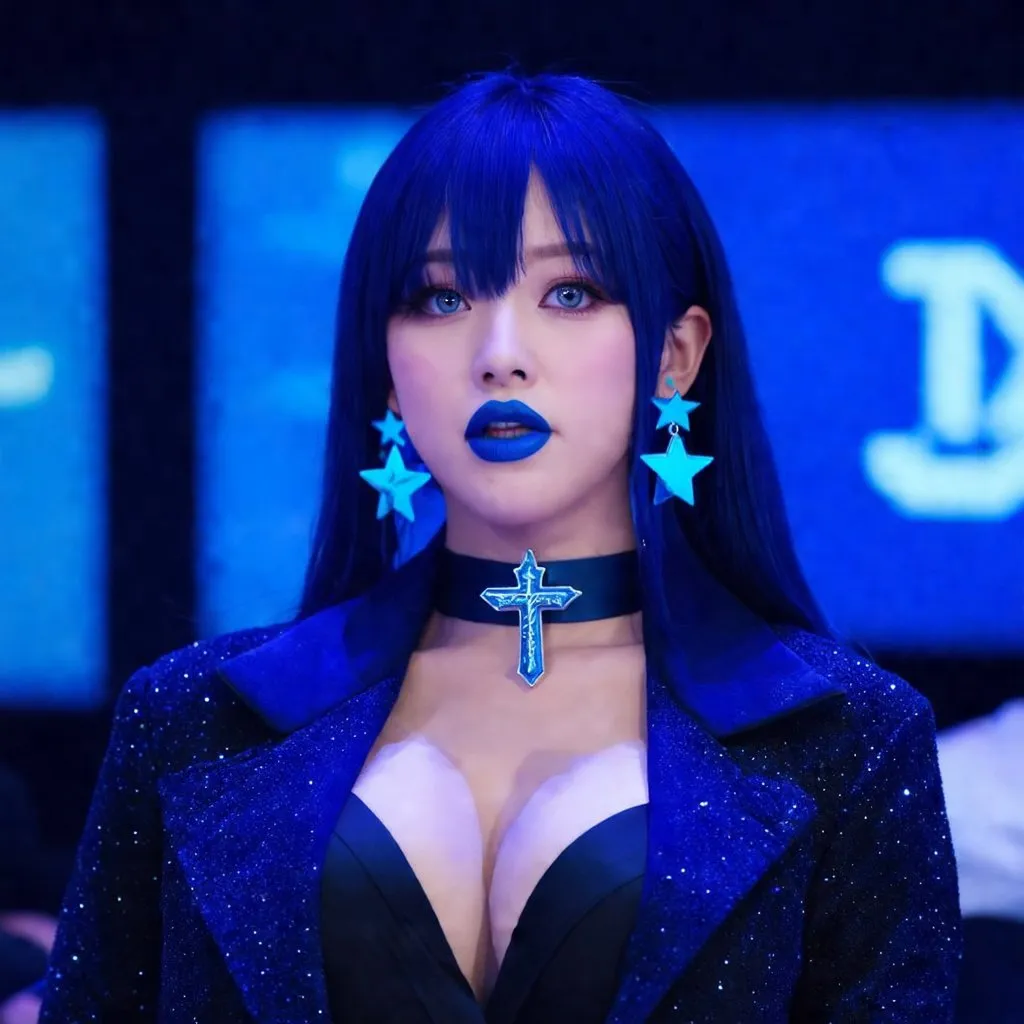 Prompt: 2020s, Japanese women, blue choker, blue eyes, blue hair, blurry, blurry background, disco, party, choker, cross, blue cross earrings, depth of concert hall, blue heart earrings, blue eyeshadow, blue lights, jacket, jewelry, k/da \(league of legends\), lips, blue lipstick, long blue hair, looking at viewer, makeup, tv screens, photo \(medium\), piercing, solo, star \(symbol\), blue star earrings, star print, bigbreast