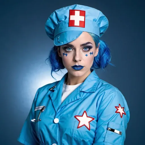 Prompt: 2010s, Spanish female medic wearing a blue nurse hat, blue lipstick, blue makeup including blue eyeshadow and blue blush, blue hair, blue eyebrows, blue eyes, colourised, blue quarantine suit, full body shot, photography, blue hearts and stars, serious face.