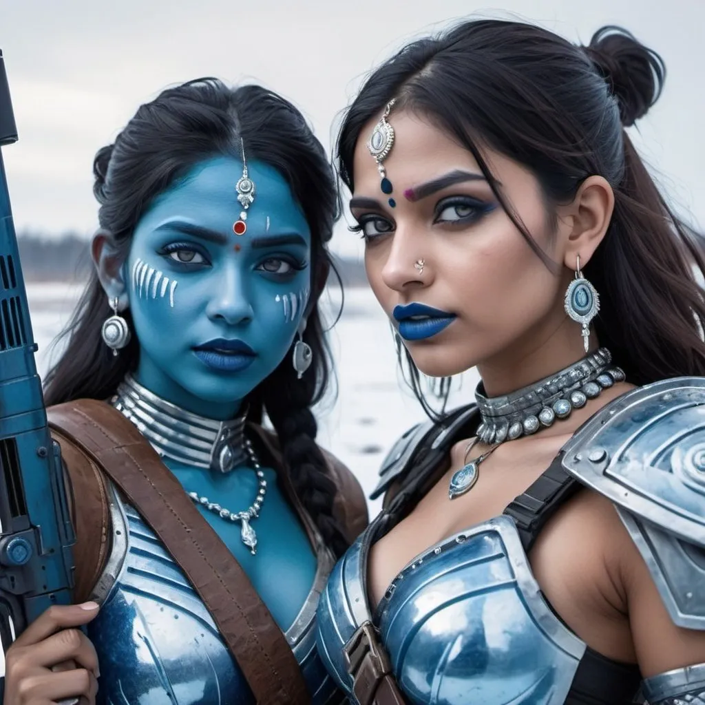Prompt: Two indian women holding a m-4 rifle, blue lipstick, snowy marsh bay, blue heart necklaces, Thick blue soldier armor, smurking face, blue spiral eyes, blue eyeshadow, long ice earrings. Cold color scheme, ultradetailed, 8k resolution, perfect, smooth, high quality, shiny. 