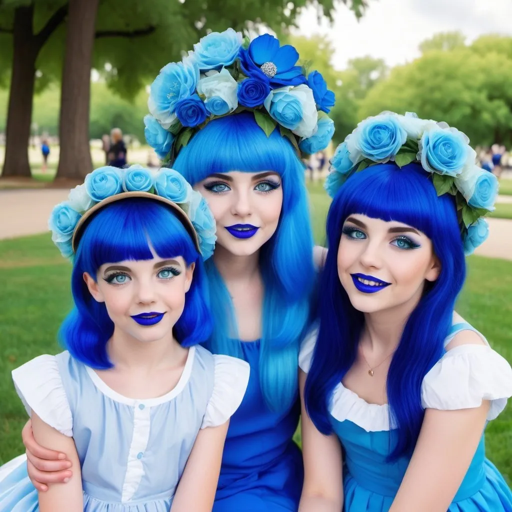 Prompt: 2  10 year old girls at a park, blue hair, blue lipstick, blue eyes, blue makeup, blue clothes, blue flower hats. Happy face.