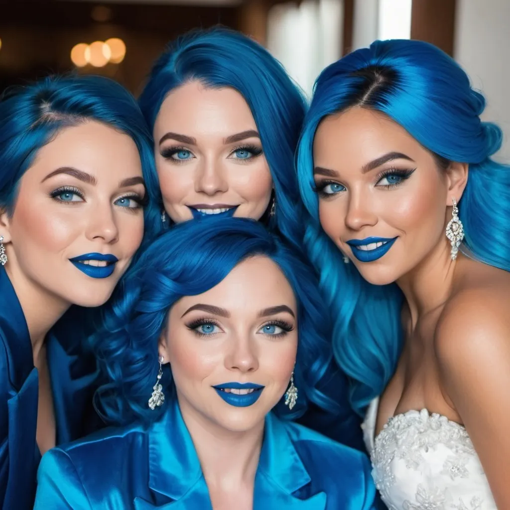 Prompt:  3 ladies with blue  eyes, flowing blue hair, smiling lips with blue lipstick, blue jacket, blue makeup, blue eyeshadow. At wedding