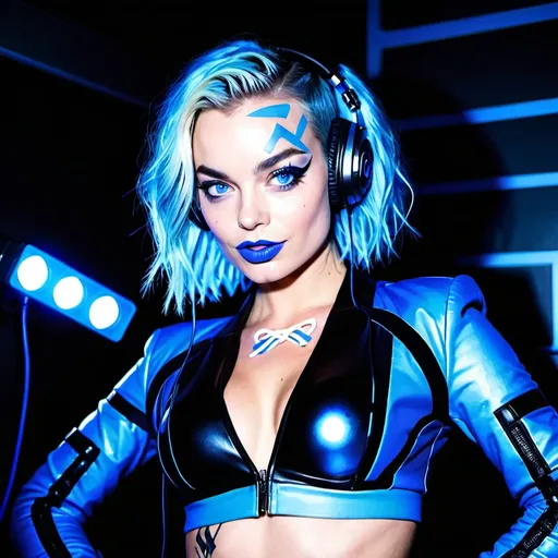 Prompt: Cyber goth Margot Robbie, electronic dance, full body view, blue lipstick, blue eyes, blue eyeshadow, blue crop top, blue jacket, blue nails, blue hair, blue headphones, blue microphone, blue speakers, blue lights shining, media studio with cameras pointed at her, full lips, Checkmark on her crop top