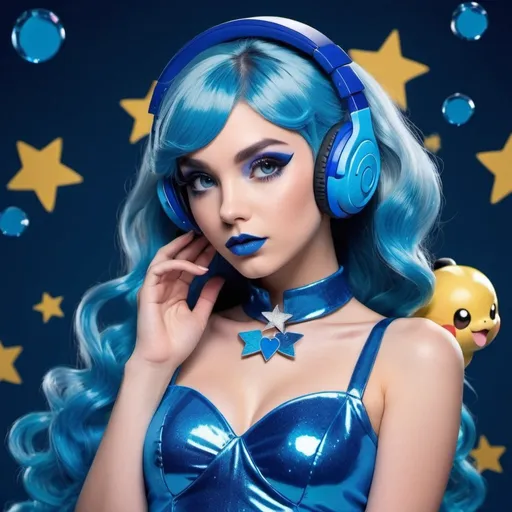 Prompt: 2020s, Dawn Pokemon as a female popstar wearing a blue headphones, aqua blue lipstick, glossy and sparkling lips, blue makeup including blue eyeshadow and blue blush, dark blue hair, blue eyebrows, blue eyes, colourised, blue plastic gown, full body shot, photography, blue hearts and stars, euphoric.
