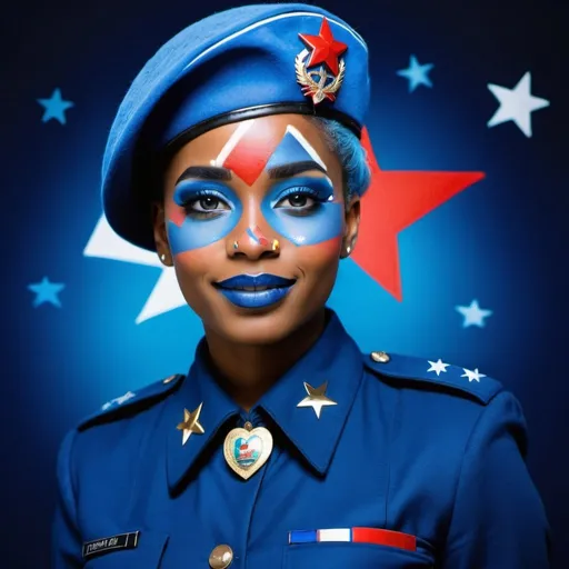 Prompt: 2010s, Haitian female officer wearing a blue beret, blue lipstick, blue makeup including blue eyeshadow and blue blush, blue hair, blue eyebrows, blue eyes, colourised, blue uniform beret, full body shot, photography, blue hearts and stars soft smile.