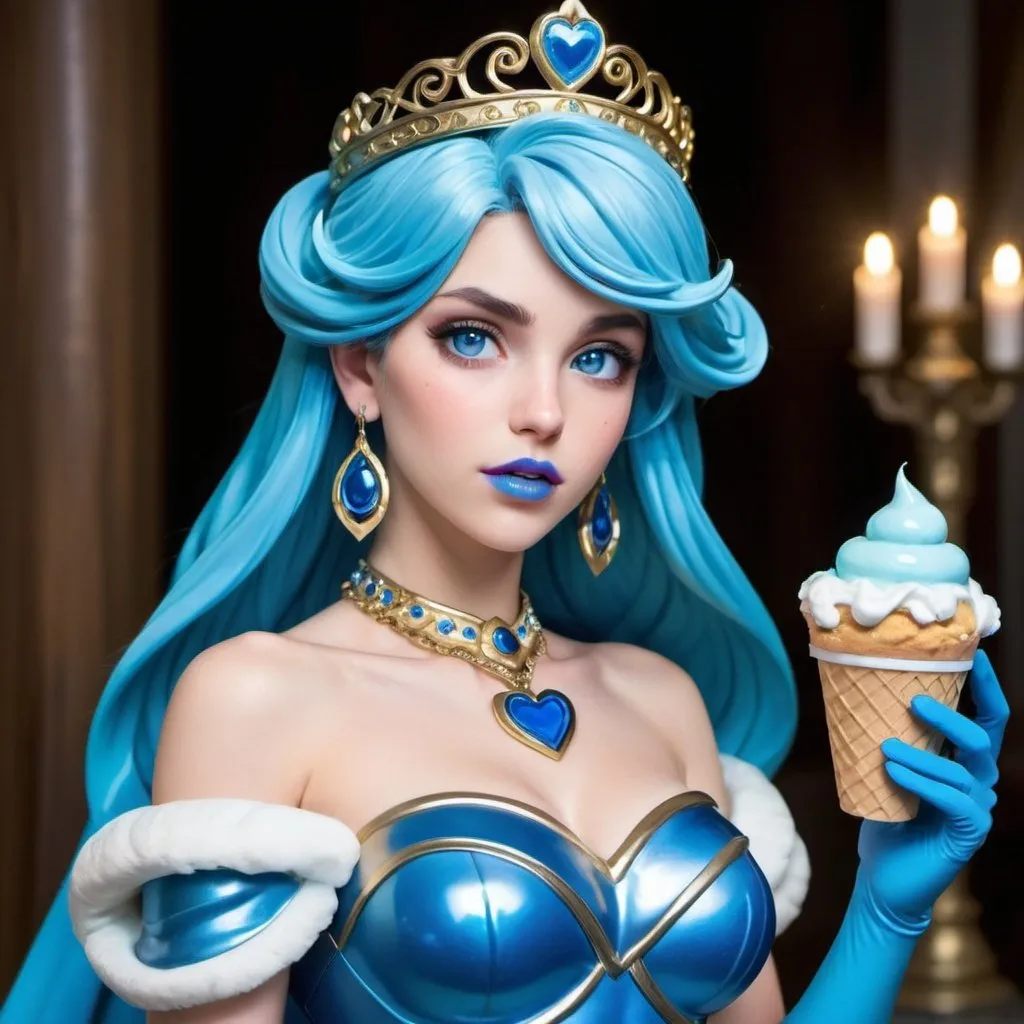 Prompt: Palutena with ultradetailed large shiny blue lips, Blinding Heart Earrings, Blue Xtra Large Metal Ball Gown, blue plastic Gloves with blue Fur, Glowing Blue eyes, Artisans Cut Gleaming blueberry Ice Cream Tiara. Pristine blue hair, confident facial expression, Full eyebrows with blue tint, blue Candy necklace, Wintry Aura, blue Armor Plated Shoulders, Cake Covered blue wand, Sharp Nails, Auroras in eye of hurricane. Blue Moon. High resolution, Realistic, Cold color scheme, high radiance.