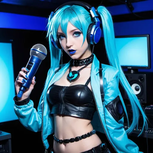 Prompt: Cyber goth hatsune miku, electronic dance, full body view, blue lipstick, blue eyes, blue eyeshadow, blue crop top, blue jacket, blue nails, blue hair, blue headphones, blue microphone, blue speakers, blue lights shining, media studio with cameras pointed at her, full lips