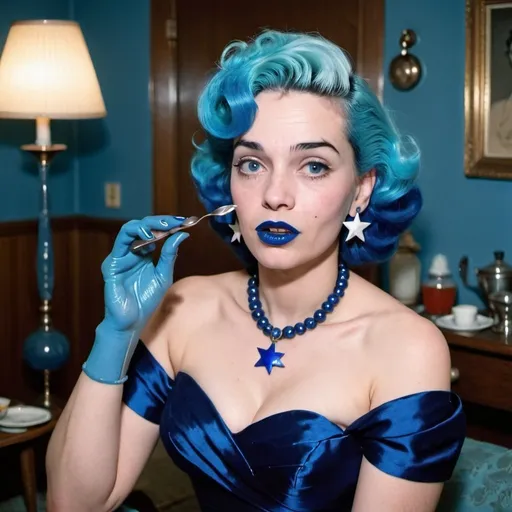 Prompt: 1950s, 30 year old woman, mother, in living room, blue lipstick, blue hair, Puffy face, long ice nails, Spiral earrings, dark blue gown, blue Star Patch, glowing spoon.  