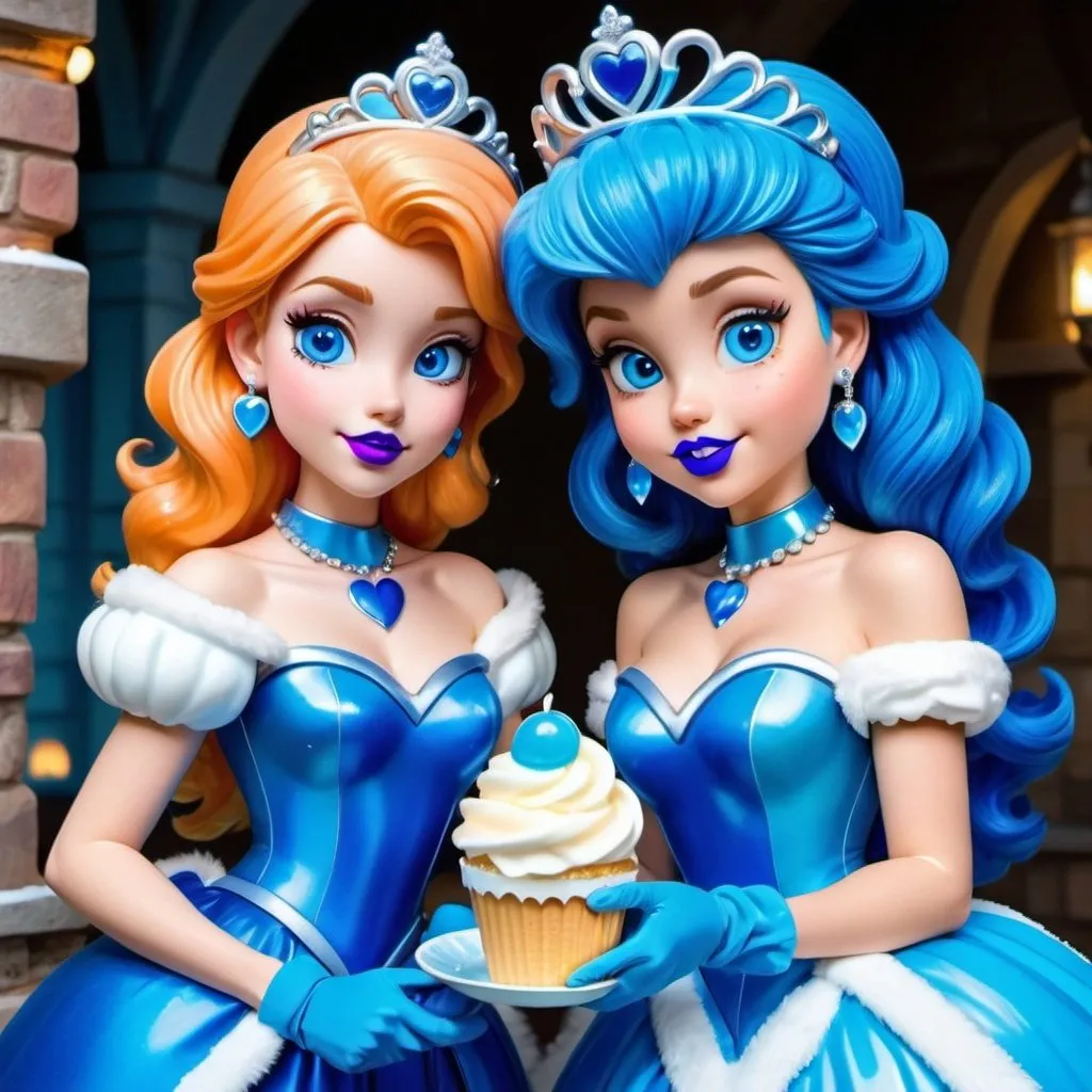 Prompt: Princesses daisy and peach with ultradetailed large shiny blue lips, Blinding blue Heart Earrings, Blue Xtra Large Metal Ball Gown, blue plastic Gloves with blue Fur, Glowing Blue eyes, Artisans Cut, Gleaming blueberry Ice Cream, blue Tiara. Pristine blue hair, confident facial expression, Full eyebrows with blue tint, blue Candy necklace, Wintry Aura, blue Armor Plated Shoulders, Cake Covered blue wand, blue Sharp Nails, coastal castle, Blue Moon. High resolution, Realistic, Cold color scheme, high radiance.