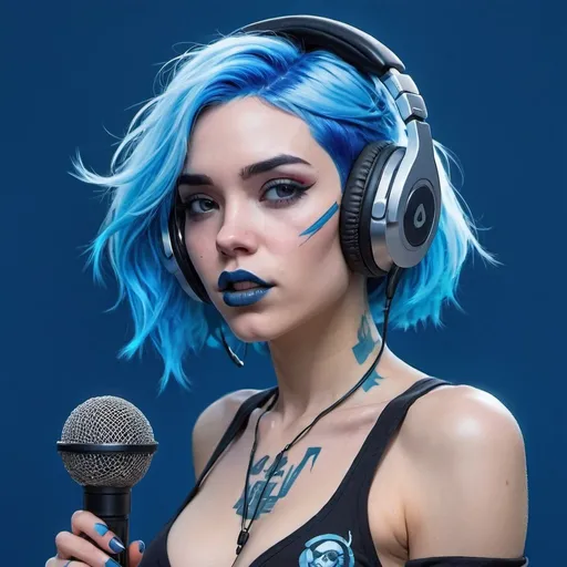 Prompt: a woman with blue hair and headphones on her face and a microphone in her hand, with a blue background, blue lipstick,  Artgerm, computer art, blue, cyberpunk art