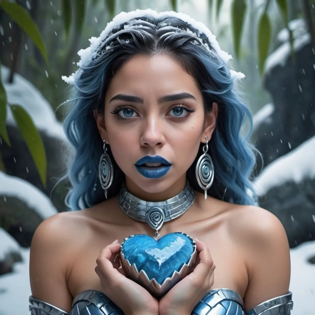 Prompt:  Hispanic woman holding a pot, blue lipstick, flooded snowy jungle, blue heart necklaces, blue kevlar armor, coughing, blue spiral eyes, blue eyeshadow, long ice earrings. Cold color scheme, ultradetailed, 8k resolution, perfect, smooth, high quality, shiny. 