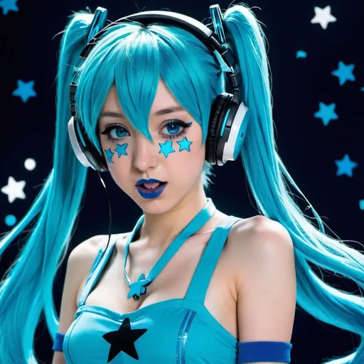 Prompt: 2010s, hatsune miku as a female popstar wearing a blue headphones, blue lipstick, blue makeup including blue eyeshadow and blue blush, blue hair, blue eyebrows, blue eyes, colourised, blue crop top, full body shot, photography, blue hearts and stars, coughing.