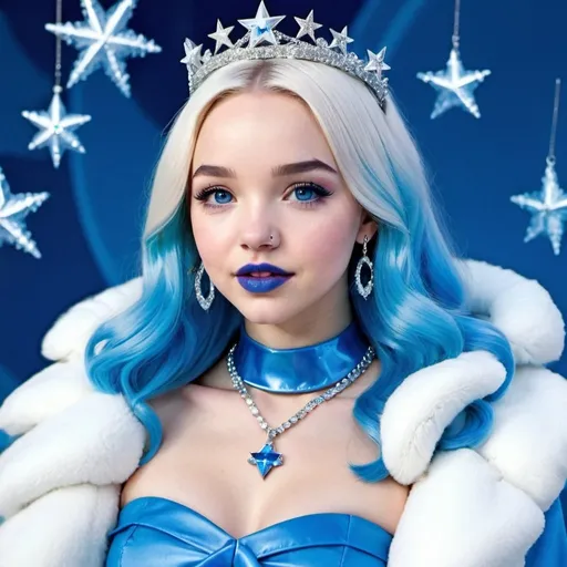 Prompt: Dove cameron, Heavy snow, Clouds in Sky, Long Straight Blue hair, Ice crystal tiara, Thick bushy blue eyebrows, medium sized nose, plump diamond shape face,  Blue lipstick, ethereal blue eyes, blue makeup, Triangle Star earrings, soft ears, Large blue plastic chain around neck, Blue heart necklaces, blue candy shaped rings, Large blue fur coat with blue plastic gloves. Long Blue Skirt. Plump chest