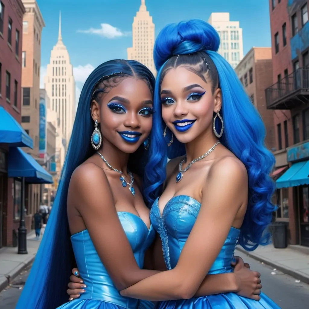 Prompt: a picture of 2 black women with long blue hair, posing together large blue eyes wearing blue ball gowns, blue eyeshadow, and blue lipstick smiling at the camera, blue makeup, jewerly on hands, Artgerm, fantasy art, realistic shaded perfect blue face, a detailed painting, propaganda city background, 18 years old, blue lipstick 