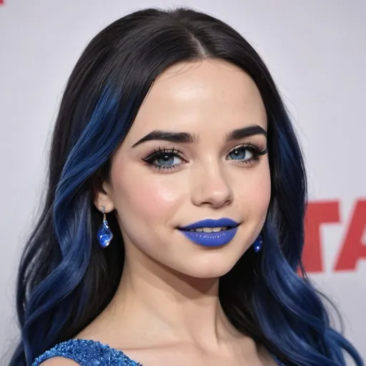Prompt: Sofia Carson with blue mullet, blue eyes, flowing blue hair, smiling lips with blue lipstick, blue dress, blue makeup, blue eyeshadow.



