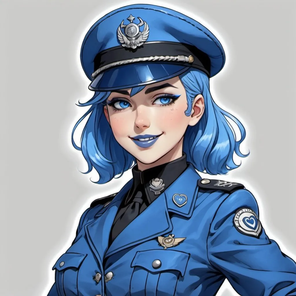 Prompt: Anime Dieselpunk female officer wearing a blue beret, blue lipstick, blue makeup including blue eyeshadow and blue blush, blue hair, blue eyebrows, blue eyes, colourised, blue uniform beret, full body shot, anime lineart style, blue hearts and starssoft smile.