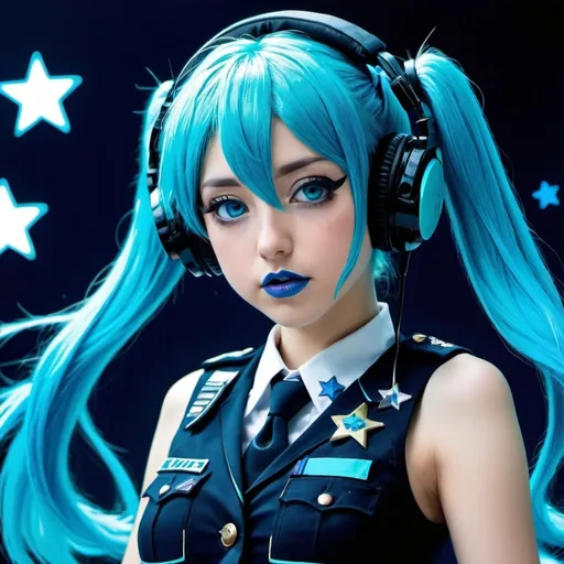 Prompt: 2010s, hatsune miku as a female officer wearing a blue headphones, blue lipstick, blue makeup including blue eyeshadow and blue blush, blue hair, blue eyebrows, blue eyes, colourised, blue crop top, full body shot, photography, blue hearts and stars, coughing.