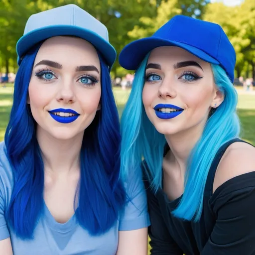 Prompt: 2 Women at a park, blue hair, blue lipstick, blue eyes, blue makeup, blue clothes, blue hats. Happy face.